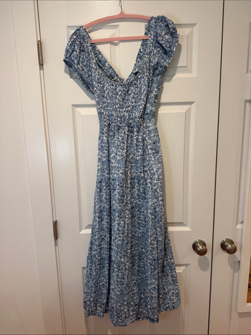 Elan Blue Floral Maxi Dress with Smocked Bodice and Criss-Cross Back